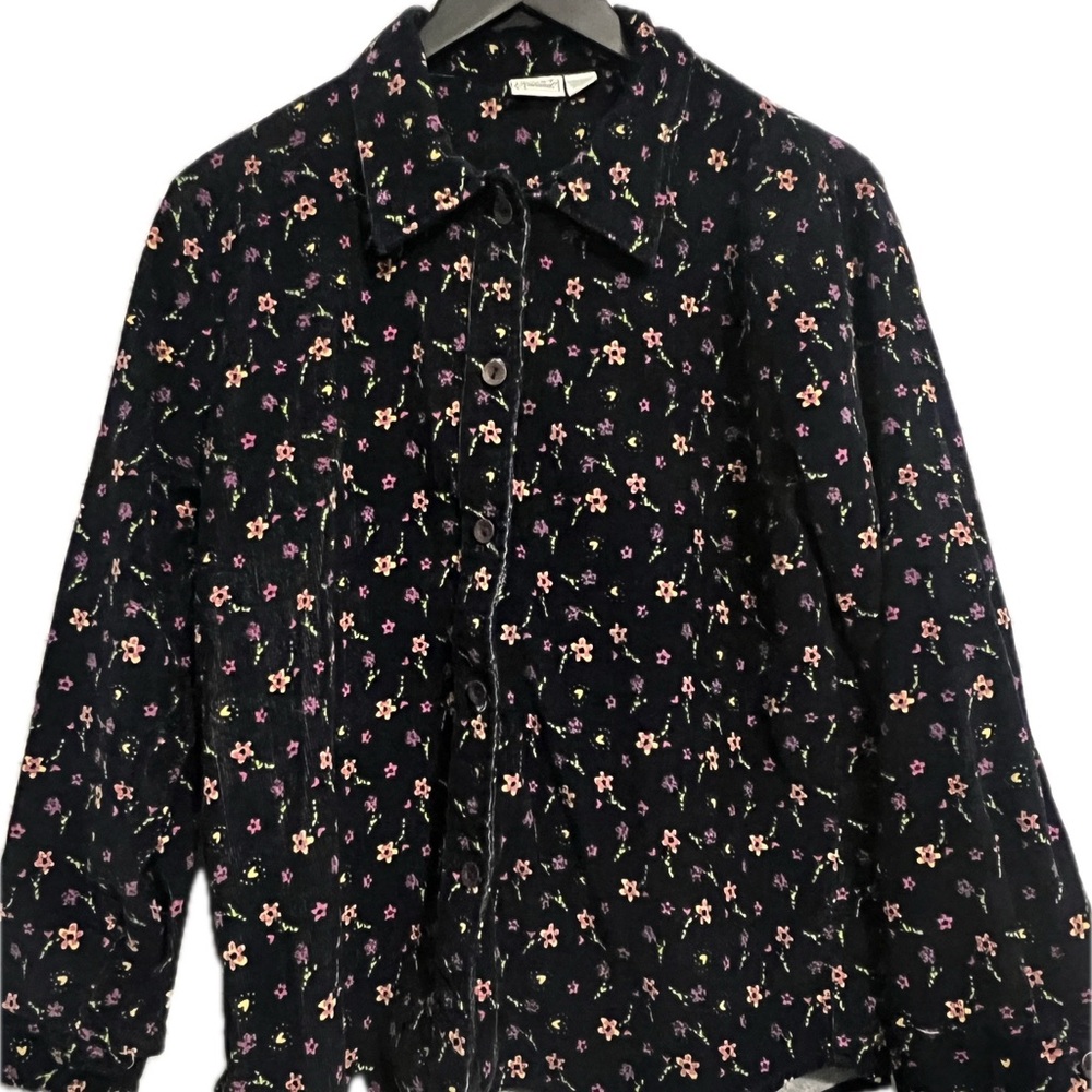 Cottage core Floral Corduroy shirt.Navy with purple and yellow flowers.Medium